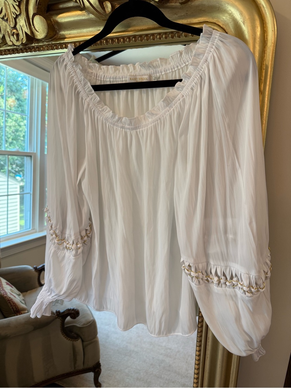 Ramy Brook Cream Boho Peasant Blouse with Braided Trim